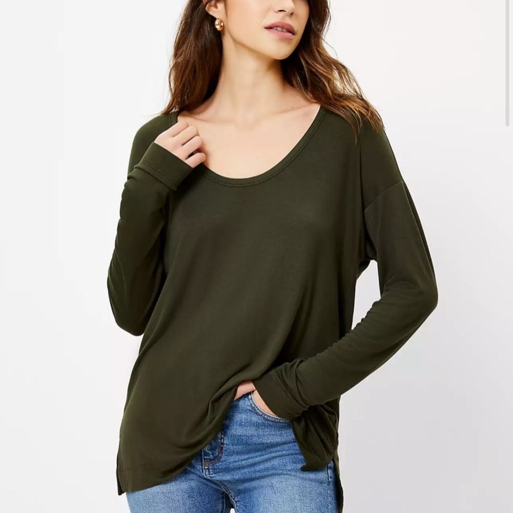Loft.long sleeve scoop neck tee, olive green,Small (2)